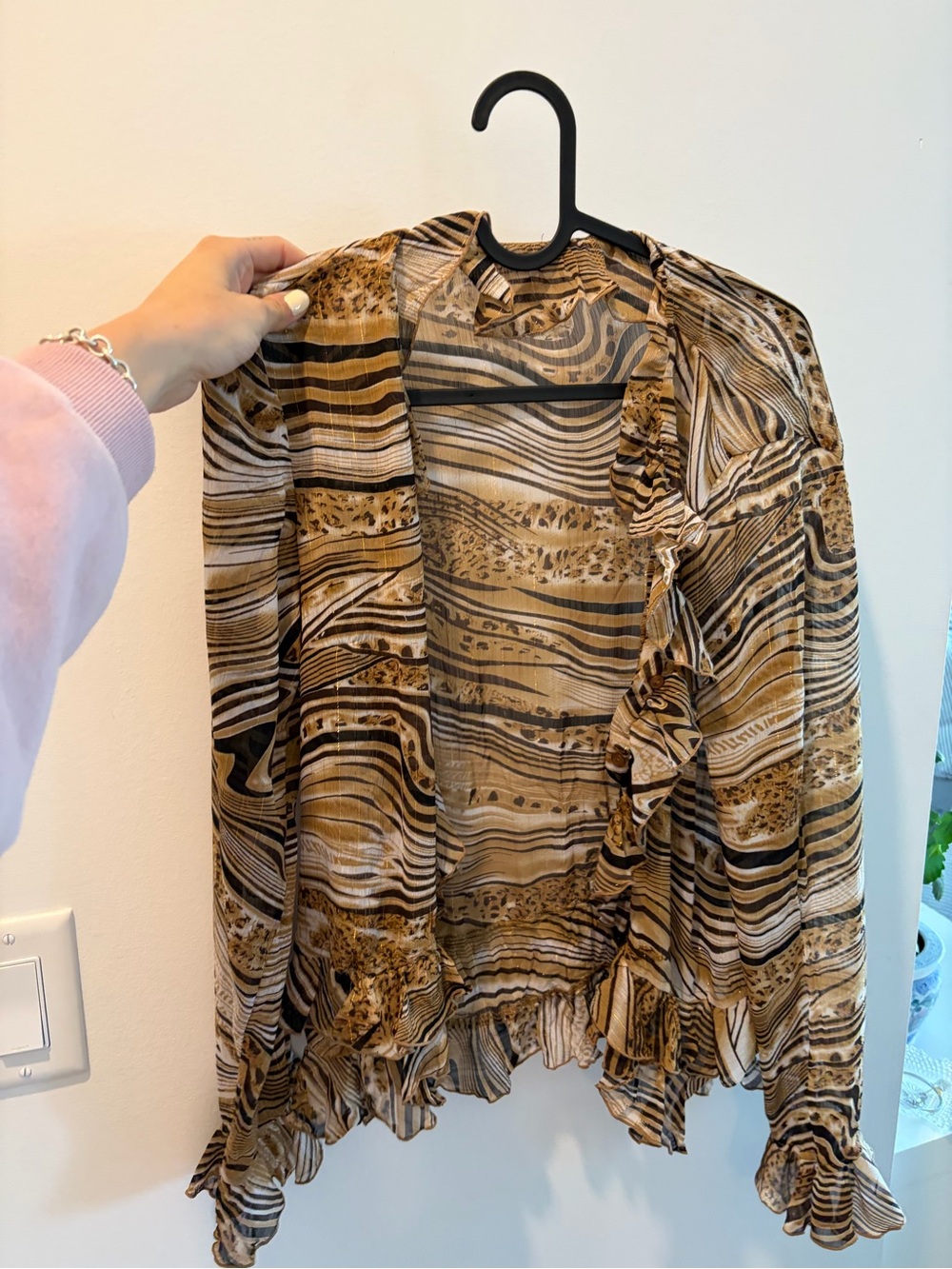 Vintage Jessica y2k Ruffled Sheer Animal-Print Blouse in Brown & Black